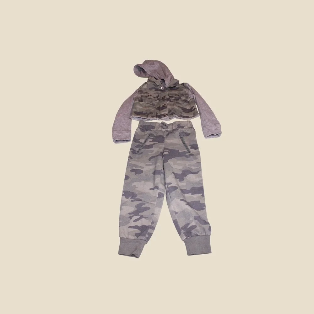 The Childrens Place Girls Camo Jacket and Jogger Set Size 4 Green Grey 2 Piece